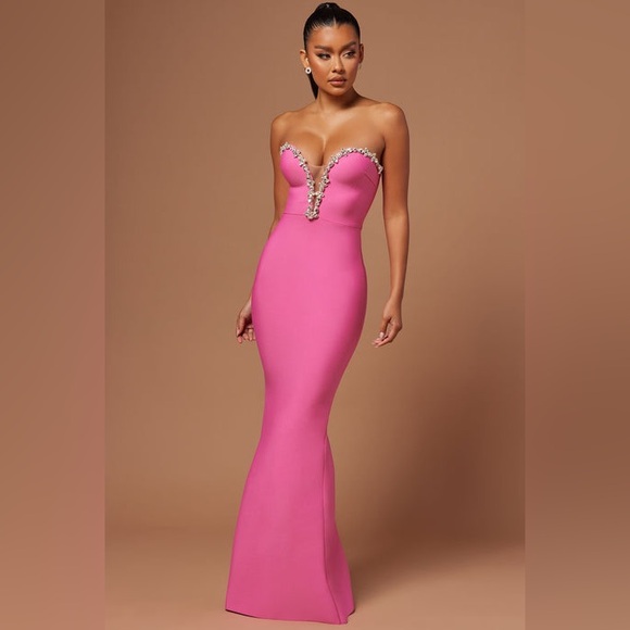 Fashion Nova Dresses & Skirts - Fashion Nova Odessa Embellished Bandage Gown Pink Strapless Maxi | NWT Size S